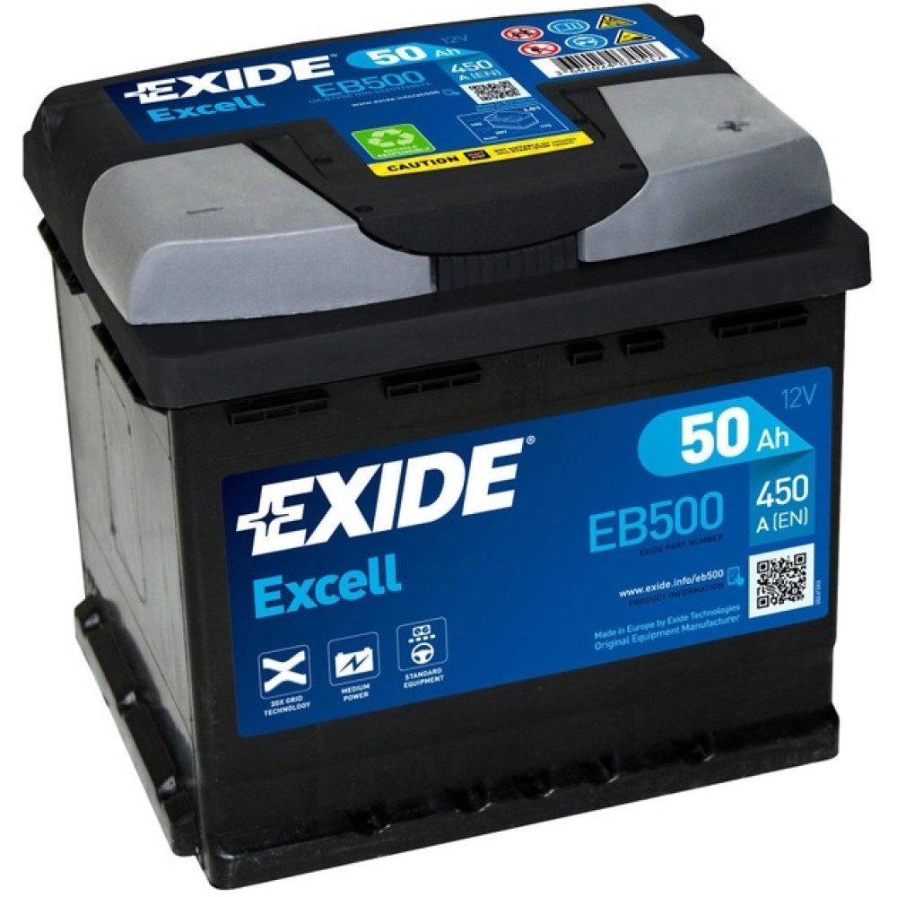 Акумулятор EXIDE Excell 50Ah Ев (-/+) (450En) (д207*ш175*в190) EB500 Акумулятор EXIDE Excell 50Ah Ев (-/+) (450En) (д207*ш175*в190) EB500