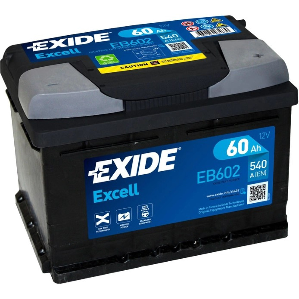 Акумулятор EXIDE Excell 60Ah Н Ев (-/+) (540En) (д242*ш175*в175) EB602 Акумулятор EXIDE Excell 60Ah Н Ев (-/+) (540En) (д242*ш175*в175) EB602