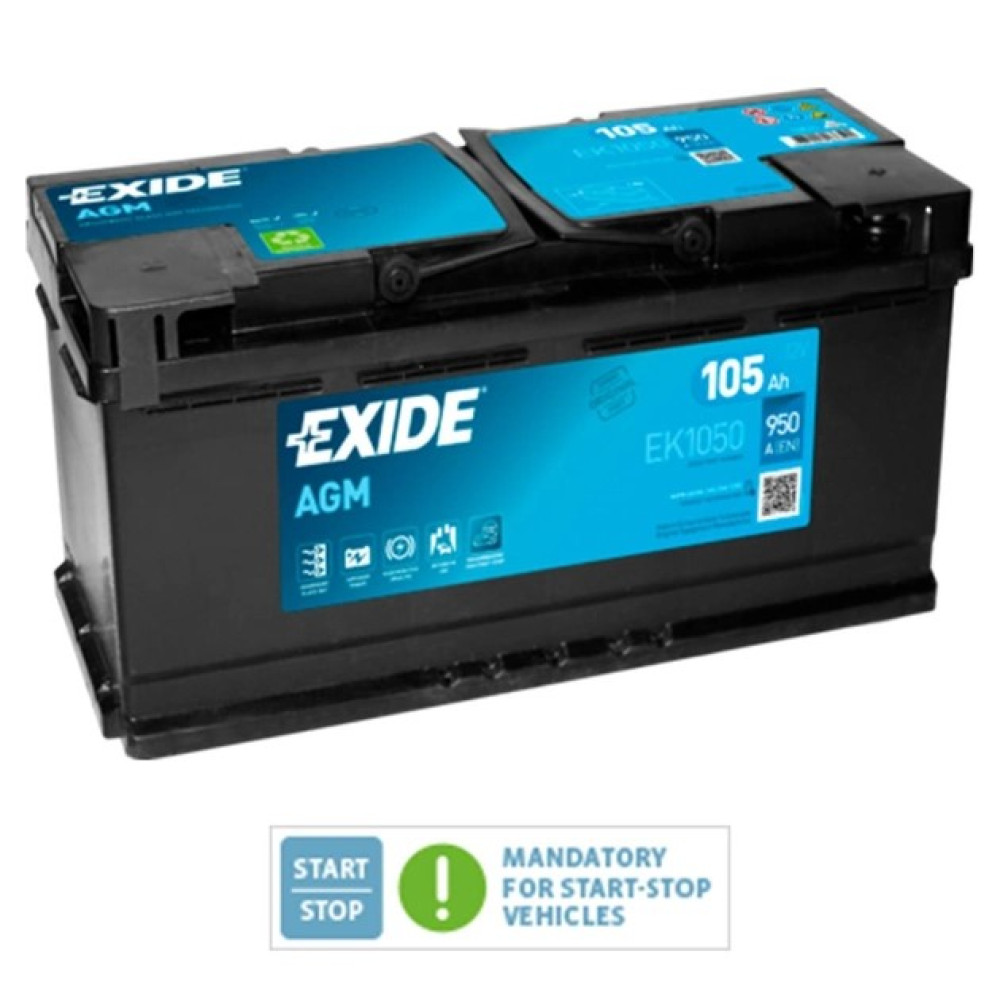 Акумулятор EXIDE START-STOP AGM 105Ah Ев (-/+) (950EN) (д393*ш175*в190) EK1050 Акумулятор EXIDE START-STOP AGM 105Ah Ев (-/+) (950EN) (д393*ш175*в190) EK1050